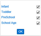 Image displaying the age groups filters available for the children